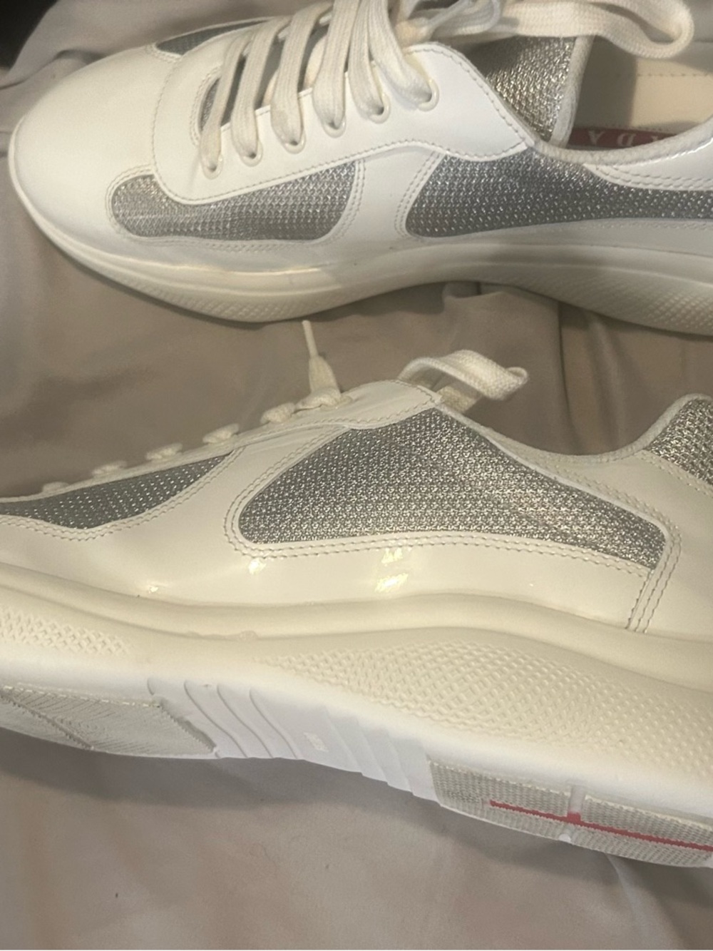 Prada White Slip-On Sneaker with Silver Mesh and Red Logo - Picture 4 of 14
